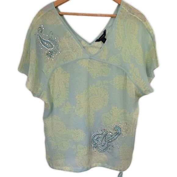 Y2K Paisley Silk Boxy Fit Blouse M Sheer Pastels Coquette Romantic Drawstring - Picture 11 of 16
